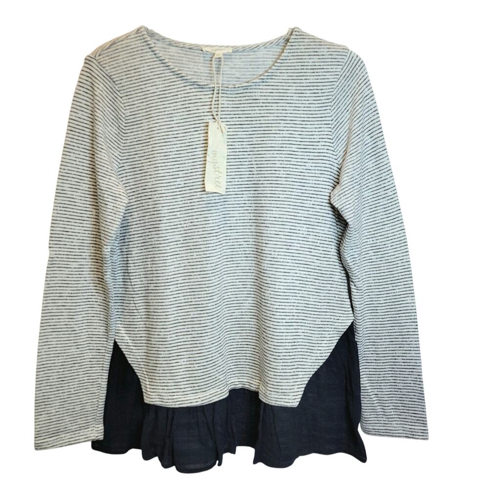 Mystree Tunic Sweater Top Long‎ Sleeve Stripe Large White Navy Knit Mix Media